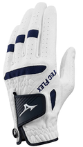 Mizuno Tec Flex left-hand golf glove for men, white with navy accents and perforated fingers for breathability.