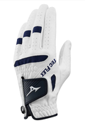 The Mizuno Men's TecFlex Glove for the right hand features a white design with ventilation holes, textured cabretta leather for grip and comfort, TEC FLEX on the back, and a Mizuno logo on the adjustable wrist strap.