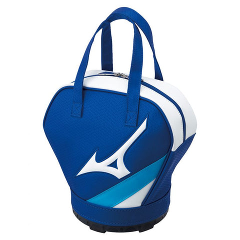 The Mizuno Practice Ball Bag by Mizuno features a unique rounded design in blue and white, short handles, and a large Mizuno logo—ideal for carrying your gear in style.