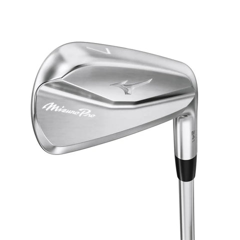 A close-up of the Mizuno Pro 241 Irons Set (4-PW) by Mizuno highlights its sleek design and polished forged metal finish, exemplifying premium golf irons, set against a clean white background.