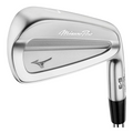 A close-up of the Mizuno Pro S-3 Irons Set 2025 features a sleek silver finish and Mizuno logo, showcasing its Grain Flow Forged construction for precise, tour-level control.