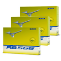 Three yellow Mizuno RB 566 Golf Balls boxes (three dozen) are arranged in a staggered row, each displaying the Mizuno logo, blue RB 566 text, and a YELLOW label—emphasizing their soft feel.