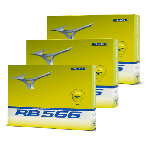 Three yellow Mizuno RB 566 Golf Balls boxes (three dozen) are arranged in a staggered row, each displaying the Mizuno logo, blue RB 566 text, and a YELLOW label—emphasizing their soft feel.
