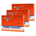Three orange Mizuno RB 566 golf ball boxes, each marked ORANGE with silver logos and blue-accented white bands. Set includes three dozen soft feel Mizuno balls arranged in a staggered row.