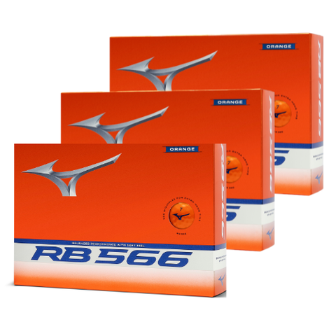 Three orange Mizuno RB 566 golf ball boxes, each marked ORANGE with silver logos and blue-accented white bands. Set includes three dozen soft feel Mizuno balls arranged in a staggered row.