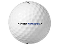 A close-up of a white Mizuno RB Tour-X Golf Ball - Prior Generation features dimples and RB TOUR X in black and blue lettering, suited for fast swing speeds.