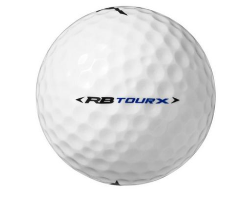 A close-up of a white Mizuno RB Tour-X Golf Ball - Prior Generation features dimples and RB TOUR X in black and blue lettering, suited for fast swing speeds.