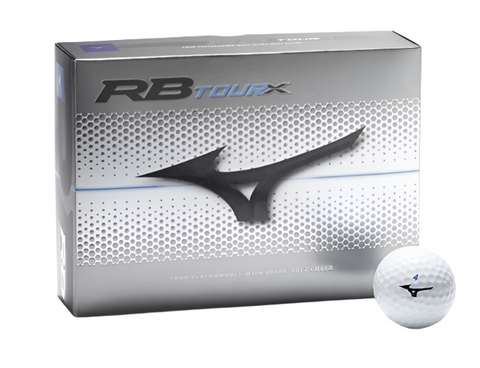 A box of Mizuno RB Tour-X Golf Balls - Prior Generation displays the bold Mizuno logo. In front, a single white ball, marked with the Mizuno logo and a blue dot, is designed for fast swing speeds.