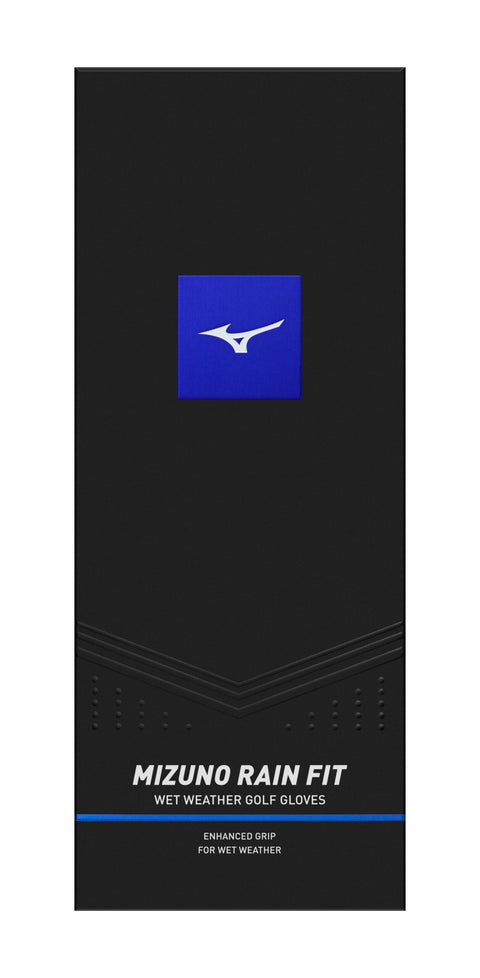 Black packaging for Mizuno Rain Fit Mens Golf Gloves (Pair) features a blue square with the Mizuno logo on top and text below: Mizuno Rain Fit, Wet Weather Golf Gloves, Enhanced wet-weather grip.