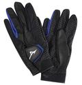 The Mizuno Rain Fit Men's Golf Gloves (Pair) are black with blue accents and a white wrist logo, featuring textured palms for wet-weather grip and a diamond grid pattern on the back.