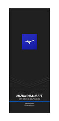 Black packaging for Mizuno Rain Fit Mens Golf Gloves (Pair) features a blue square with the Mizuno logo on top and text below: Mizuno Rain Fit, Wet Weather Golf Gloves, Enhanced wet-weather grip.