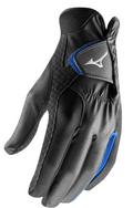 The Mizuno Rain Fit Men's Golf Gloves (Pair) by Mizuno feature a black design with blue accents, a silver wrist logo, and textured surface for a snug fit—perfect for athletes needing superior grip in wet weather.