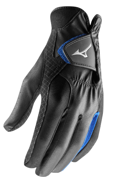 The Mizuno Rain Fit Men's Golf Gloves (Pair) by Mizuno feature a black design with blue accents, a silver wrist logo, and textured surface for a snug fit—perfect for athletes needing superior grip in wet weather.