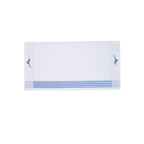 The Mizuno Retro Stripe Caddy Towel by Mizuno is white, rectangular, with thin blue stripes near one end and a small blue bird logo on the left side, shown on a white background.