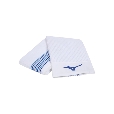 The Mizuno Retro Stripe Caddy Towel, featuring blue stripes and a blue Mizuno logo on the edge, is shown folded against a plain white background.