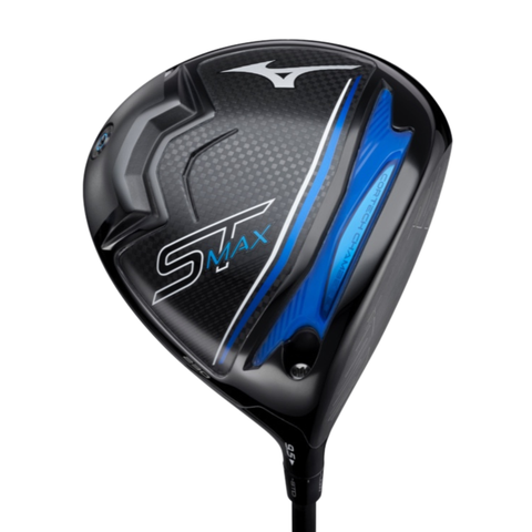 A close-up of the Mizuno ST-MAX 230 Driver shows its sleek black and blue design, carbon fiber texture, bold Mizuno branding, and advanced CORTECH Chamber technology on the clubhead.