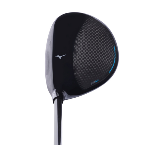 A close-up of the black Mizuno ST-MAX 230 Fairway Wood highlights its carbon fiber-patterned clubhead and CORTECH Chamber technology for enhanced forgiveness, displayed against a white background.