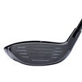 Close-up of the Mizuno ST-MAX 230 Fairway Wood club head by Mizuno, showcasing its horizontal face grooves, sleek dark finish, and advanced CORTECH Chamber technology for greater forgiveness.