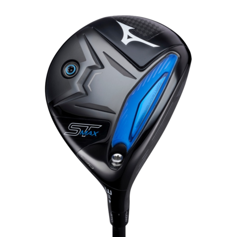 A close-up of the Mizuno ST-MAX 230 Fairway Wood, showcasing a sleek black design with blue accents, a white Mizuno logo on top, and enhanced forgiveness from CORTECH Chamber technology.
