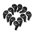 The Mizuno Tour Iron Headcover Set by Mizuno includes 10 black covers labeled 3, 4, 5, 6, 7, 8, 9, P, S, and G for golf clubs. Arranged semi-circularly on a white background to showcase their protective design.