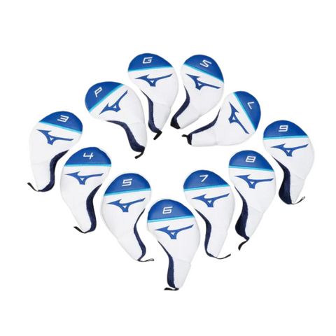 The Mizuno Tour Iron Headcover Set by Mizuno includes nine white and blue covers, each marked with a club number or letter, providing stylish protection for your irons. The set is displayed in a semi-circle on a white background.