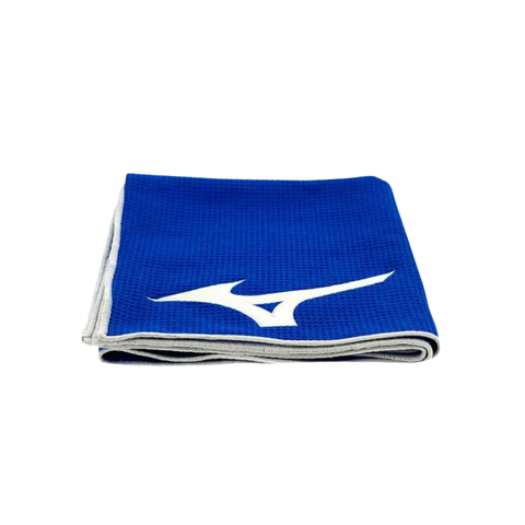 The Mizuno Tour Towel is a blue, super-absorbent golf towel featuring a white Mizuno logo and gray border, shown folded on a white background.