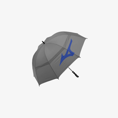 A Mizuno Tour Umbrella in Grey/Blue, featuring a blue abstract logo on one panel, twin canopy construction, and a black handle and shaft, displayed against a white background.