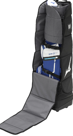 The Mizuno Travel Cover | Black by Mizuno is shown with its front panel unzipped, revealing a blue and white golf bag securely held inside and padded sections for superior club protection.