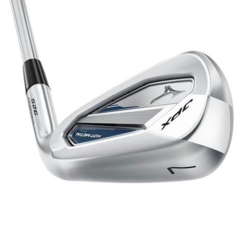 A close-up of a Mizuno Women's JPX 925 Hot Metal HL Irons Set clubhead highlights its sleek, modern design and distinct Mizuno branding from this high-launch iron set for women.