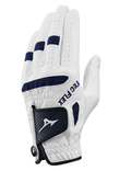 The Mizuno Women’s TecFlex Golf Glove in white/navy for right-hand golfers features ventilation perforations, a Velcro strap with the Mizuno logo, and "TEC FLEX" text on the back. The glove is shown palm down and slightly open.