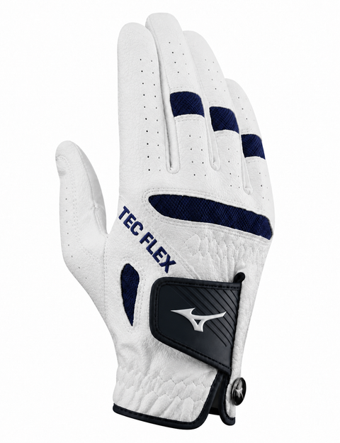 Mizuno Women’s TecFlex Golf Glove | Right Hand | White/Navy, back view, worn on the right hand by a left-handed golfer