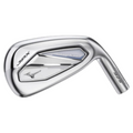 Mizuno JPX 925 Hot Metal iron, side view. Features a sleek chrome finish with the "JPX" and Mizuno logo. The design showcases the club's perimeter weighting and cavity back for improved forgiveness and stability. Perfect for golfers seeking performance and distance.