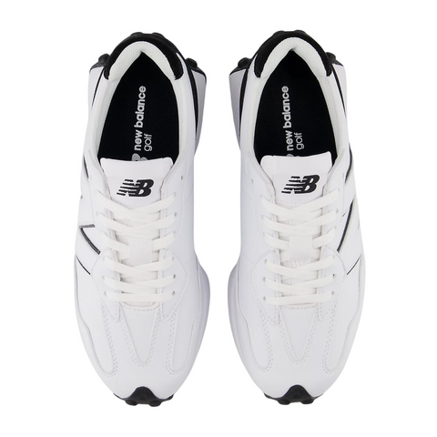 A top view of New Balance 327 Womens Golf Shoes - White/Black shows the spikeless design, black detailing, white laces, and New Balance logos on the tongues. The retro shoes are side by side on a plain background.