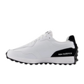 The New Balance 327 Womens Golf Shoes - White/Black feature a white upper, black sole and heel accent, and white New Balance branding. This low-profile, lace-up shoe combines retro golf style with modern comfort.