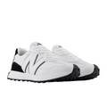 The New Balance 327 Womens Golf Shoes in White/Black feature retro golf-inspired design, black soles and accents, a bold N logo, black heels, and spikeless textured outsoles for superior grip.