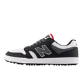 The New Balance 480 Golf SL Mens Golf Shoe in black and white features a gray and red-accented design, signature N logo, and textured spikeless sole, shown in side profile against a white background.