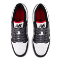 Top view of New Balance 480 Golf SL Mens Golf Shoes in black and white with red inner lining, black and white laces, plus N logo on the sides and tongue.