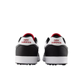 A pair of New Balance 480 Golf SL Mens Golf Shoes by New Balance in black and white, shown from the back with black lower sections, white heel panels, and the red New Balance logo on each heel.