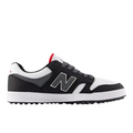 The New Balance 480 Golf SL Mens Golf Shoes in black and white feature the iconic N logo, a red tongue accent, and a textured rubber sole—ideal for golfers seeking stylish, spikeless footwear.