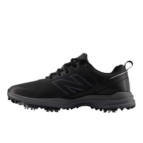 The New Balance Brighton V2 Men's Golf Shoes in Black/Grey feature a textured sole, the iconic N logo, and a heel pull tab