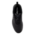 A top view of New Balance Brighton V2 Mens Golf Shoes in Black/Grey shows black laces, a black tongue, and New Balance Golf branding on the insole. These waterproof shoes offer style and comfort for golfers.