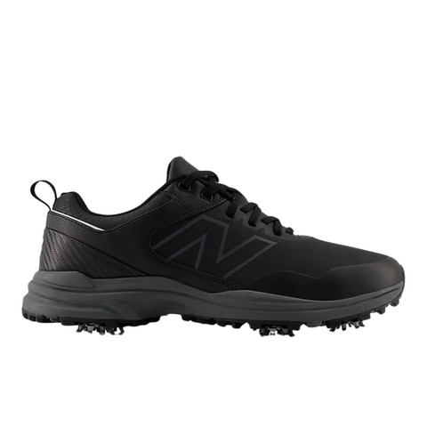 The New Balance Brighton V2 Mens Golf Shoes in Black/Grey feature a low-profile lace-up design, rubber sole with small cleats, and waterproof protection—shown from the side against a white background.