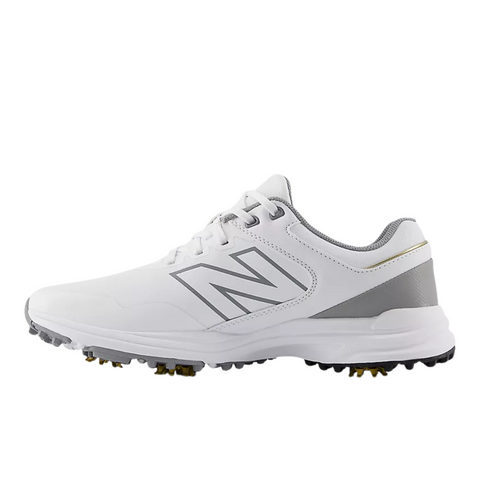 The New Balance Brighton V2 Men's Golf Shoes in white/grey feature a large side N logo and spiked sole for traction, shown in side profile against a plain white background.