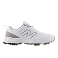 The New Balance Brighton V2 Men’s Golf Shoes in White/Grey feature mesh details, a large N logo, and black/yellow spikes for excellent traction, ideal for sports or outdoor activities.