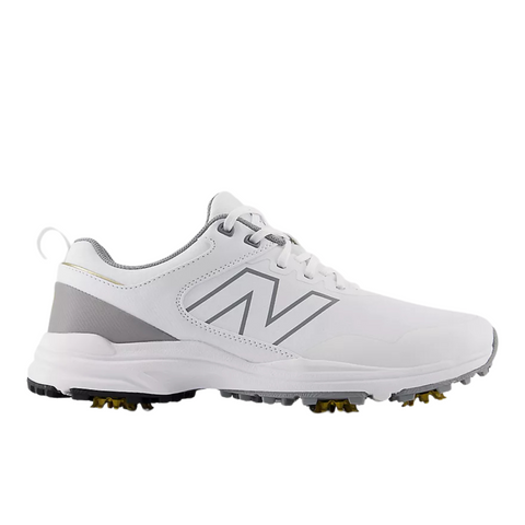 The New Balance Brighton V2 Men’s Golf Shoes in White/Grey feature mesh details, a large N logo, and black/yellow spikes for excellent traction, ideal for sports or outdoor activities.