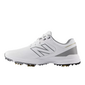 The New Balance Brighton V2 Men's Golf Shoes in white/grey feature a large side N logo and spiked sole for traction, shown in side profile against a plain white background.