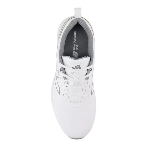 Top view of New Balance Brighton V2 Men's Golf Shoes in white/grey, featuring a gray interior lining, white laces, and New Balance logo—offering comfort and reliable traction for golfers.