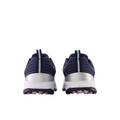 Back view of New Balance Fresh Foam Contend V2 Womens Golf Shoes in white/navy, featuring textured spikeless soles, pink grip accents, vertical heel pull tabs, and lightweight cushioning against a white background.