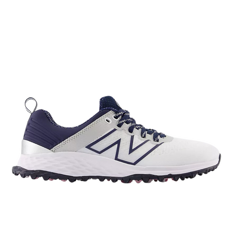 The New Balance Fresh Foam Contend V2 Womens Golf Shoes in white/navy feature lightweight cushioning, spikeless traction sole, lace-up closure, pull tab heel, and a prominent N logo—ideal for trail or outdoor activities.