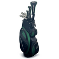 The Nickent 4DX 2025 Mens Package Set (Left Handed) by Nickent includes a black and green golf bag with drivers, easy-to-hit irons, club head covers, and multiple visible zippered pockets.
